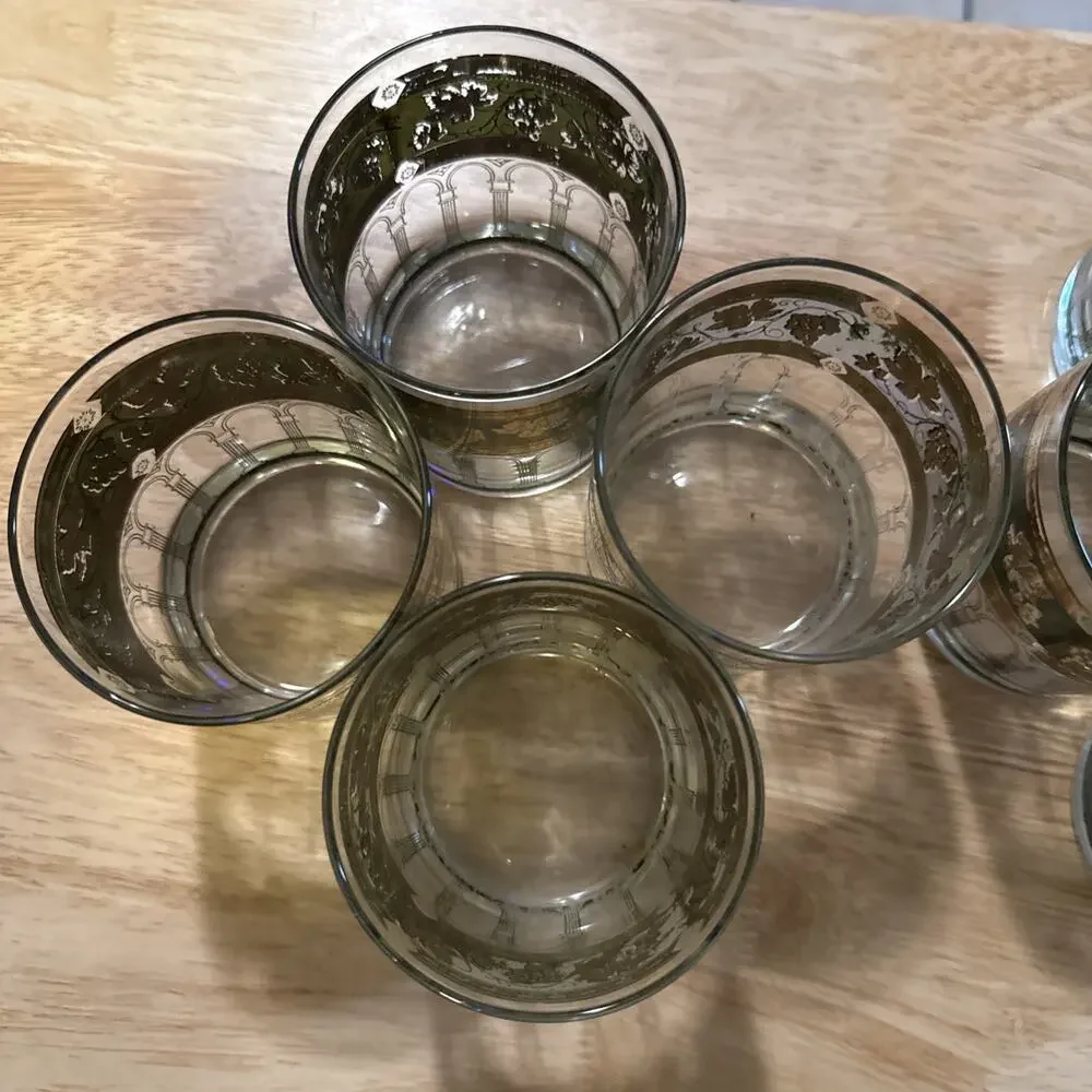 Golden Grapes Rocks Glasses Green VTG Lot 11 MCM 22k Gold 12 oz
